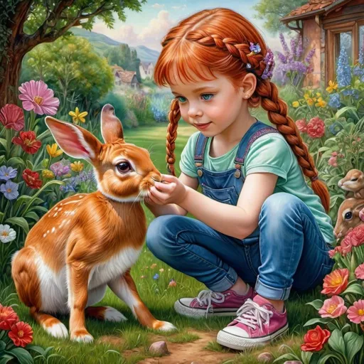 Prompt: Prompt: Hyper realistic and adorable painting of a cute little girl playing with a cute fawn colored rabbit. She has braided vibrant red colored hair with beads on the ends. Expressiv green eyes. The girl is wearing a denim jeans, a t-shirt and sneakers. The location is a garden with spring flowers. High resolution, in the style of Josephine Wall.