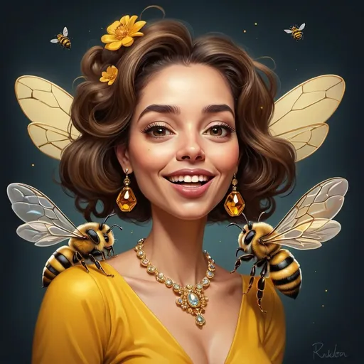 Prompt: Prompt: a piece of artwork that contains a cute caricature bee, a caricature lady, in their hair shiny jewelery, on their face some shiny little rustcolor gems, flowery detailed background, in the style of Richard avedon, powerful and emotive portraiture,  beautifull lighting, 8k resolution ,the bee and lady interact in some way,the bee whispering something in her ear, the lady react with surprise or delight..