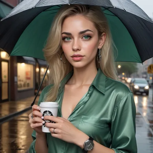 Prompt: 4K glossy oil painting, 3D,HD, of beautiful light skin woman.She is wearing dark jeans and green tennis shoes... standing on the sidewalk on a rainy night with a cup of coffee in one hand and an umbrella in the other..blonde straight shoulder-length hair with a part in the middle of the head, bold eyebrows, gray-green eyes with long eyelashes, light makeup, silver dangling earrings, wearing a green satin blouse with long rolled up sleeves, on her right hand, on the inside of her forearm, she has a black tattoo with the name " Dalia  " (spelled correctly) and a round wristwatch with a black strap.full background and body image view, perfect details, ultra detail, hyper realistic, --aspect 7:4, 4k, 3d