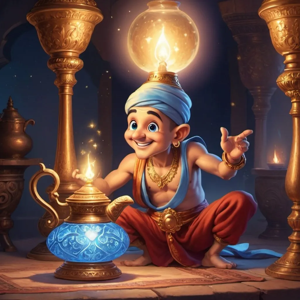 Prompt: 🧞‍♂️ A friendly genie emerges from an ancient lamp, granting wishes with a mischievous twinkle in his eye.