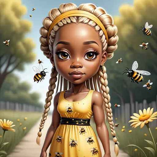 Prompt: Amy Wright ultra realistic airbrushed illustration,of a beautiful African American chibi style woman with blonde long braids adorned with bees wearing a long maxi dress  accessorized with bees  walking proudly cause shes the queen, gloss 4K wide view