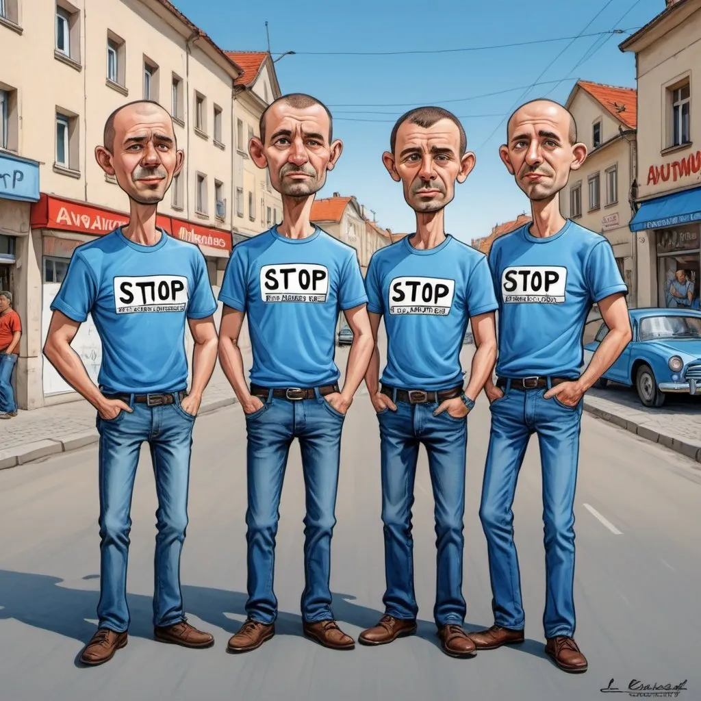 Prompt: Whimsical caricature art of three men with very short hair in blue shirts.The t-shirts have the inscription "STOP BAND".All three standing in front of a street with cars and buildings in the background. Avgust Černigoj, les automatistes, zabrocki,HDR,300DPI