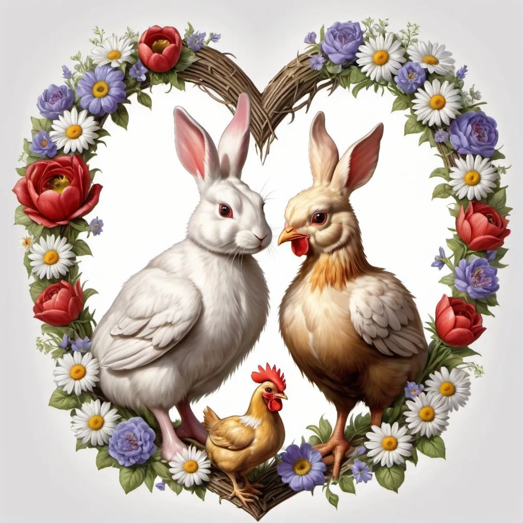 Prompt: a picture of a bunny and a chicken in a heart frame with eggs and flowers around it, with a white background, Anne Stokes, naive art, highly detailed digital art, computer graphics