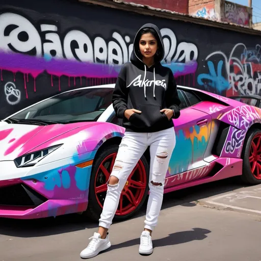 Prompt: Masterpiece, hyper realistic, photorealistic, photorealism, best quality, ultra-detailed, create realistic, ultra-detailed, cinematic image of an indian woman in a vibrant black and white hoodie and white jeans, standing beside a red Lamborghini, spray painting the words ‘Akirema's Art’ in neon purple on a graffiti wall in the noon sunlight