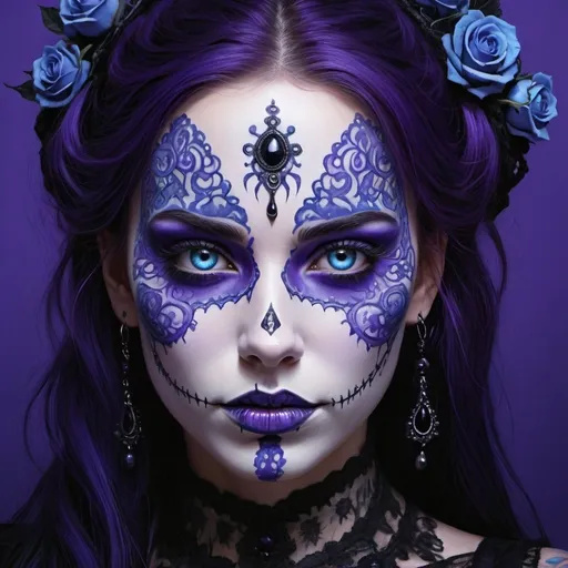 Prompt: a woman with a purple and blue lace face paint on her face and her eyes are blue and there is a purple background, Android Jones, gothic art, highly detailed digital painting, an airbrush painting