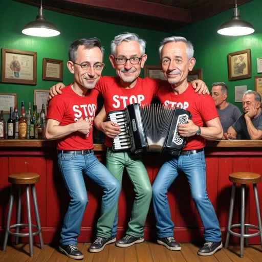Prompt: Whimsical caricature art, one man with brown short hair in red T-shirt with the inscription "STOP BAND" are holding and playing an accordion, two men with very short straight, silver hair in red T-shirt with the inscription "STOP BAND" standing behind him,one of two  man squats on the top of the bar.All three have big ears and noses, wearing jeans and posing for a picture together in a room with a bar and a green light behind them,HDR,300DPI, a character portrait, style of the Richard avedon,8k resolution