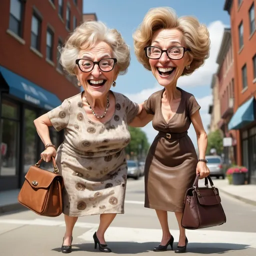 Prompt: Funny caricature of whimsical an old and exuberant woman with exaggerated facial features, especially large diva glasses and a wide smile. Her hair should be styled chic upwards and dyed in shades of brown and blond. She wears a quirky dress and a handbag and walks with her bizarre friend with square glasses dressed long rugged build with doggie in hand and purse, around the city in a playful dabbing poses,The picture should have the inscription: "Happy Labor Day!"