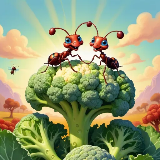 Prompt: "An image of a two whimsical ants  perched on a vibrant cauliflower and  broccoli, where the cauliflower and broccoli  possesses an animated mouth playfully extending its tongue to lick the two ants. The ants reacts with laughter. This scene is set against a warm, sunlit summer landscape. The artwork is to be rendered in a digital airbrush style, emphasizing vivid colors and a caricature-like exaggeration of features, aiming for a dynamic and engaging depiction that captures the light-hearted and playful interaction between the two main subjects."