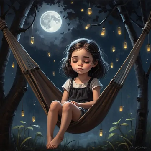 Prompt: a painting of a little girl sitting in a hammock with her eyes closed and her hair tied back, gothic art, grunge, a fine art painting, Pixar style ,her expression to be serene and dreamy,moonlit night scene,glowing fireflies around the hammock