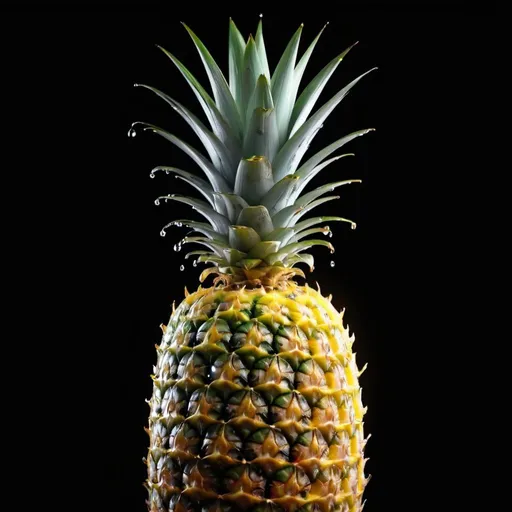 Prompt: Translucent half pineapple, super imposed, back lightning, water drops on the fruit, studio lightning,gradient black background , ultra HD 64k resolution hyperrealism --s 500