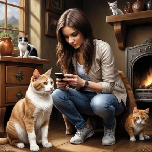 Prompt: a woman taking a picture of a dog and cat with a cell phone in her hand and a cat on the other side of the picture, Anne Stokes, fantastic realism, highly detailed digital painting, a photorealistic painting