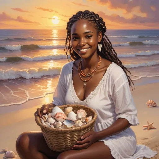 Prompt: 4k glossy oil painting: African American beach collector (dark skin), a radiant smile, gathers seashells in a woven basket at dusk. Braids adorned with starfish charms. Flowing white sundress. Delicate gold necklace with tiny shell. Barefoot in warm sand. Beach bathed in fiery light, waves lap at shore. Beach adorned with colorful towels, seashells.
