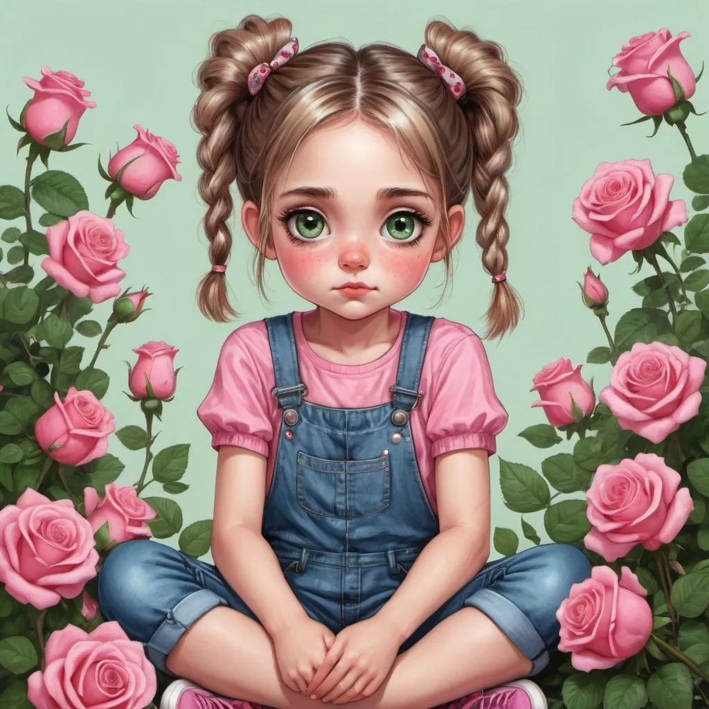 Prompt: Illustrate a young girl with pigtails tied with floral bows, sitting down surrounded by roses. The girl is wearing a pink top and denim dungarees, and her shoes are artistically messy. She has big green eyes with long lashes, thin eyebrows, rosy cheek.