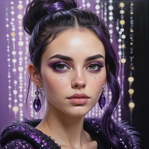 Prompt: hyperrealistic, 8K, oil painting of young woman with vibrant purple and black hair, one ponytail voluminous and tousled, the other messy, adorned with purple accessories, crystals and beads, purple irises with intricate purple patterns and reflections of shapes or symbols, smoky eyeshadow in deep purple and black, glitter or metallic purple eyeshadow, long and voluminous eyelashes, natural eyebrows, glossy purple heart-shaped decoration on the nose, smooth glowing skin, light contouring, neutral lip color, magical or ethereal tear, background of soft bokeh lights, wearing soft black sweater