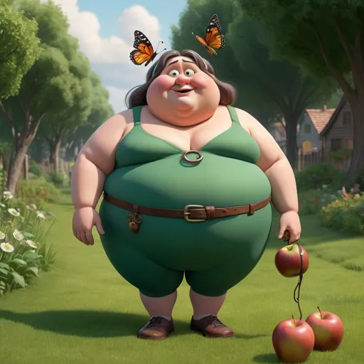 Prompt: prompt: Create Pixar-style 3D images of an out-of-shape chubby woman with a bulbous nose, her chin pulled slightly forward, walking with one foot lifted off the ground, one hand on her chin, the other outstretched, wearing knickerbockers Brown, a tunic in green, a belt made of apples and a hook hanging from it, has very messy tangled gray hair, with a headband (butterfly shape), smokes a pipe, stands on a green lawn, looks very grim Pixar style, hyperrealistic, glowing Colors, lots of details, jumps off the screen, 4K UHD resolution, --aspect 7:4, perfect details