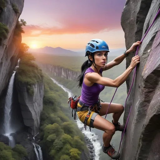 Prompt: A hyperrealistic 8K image of a beautiful woman whit long straight black hair and grey eyes, rock climbing, with well-defined and tense muscles, showing tension in her facial expression with gritted teeth as she climbs, equipped with safety gear, and making their way up a steep cliff. The climber should be wearing a purple helmet and harness, dressed in yellow and purple clothing, and holding onto a grey rocky surface. Include a red safety rope attached to the climber’s harness against a vibrant and dramatic sunset background to highlight the climber. Add tiny details like sweat on the climber's forehead, and show the strain in their neck and jaw muscles. Include silhouettes of distant mountains or trees with some birds flying near them, a small waterfall in the distance, and a few birds flying near the waterfall.