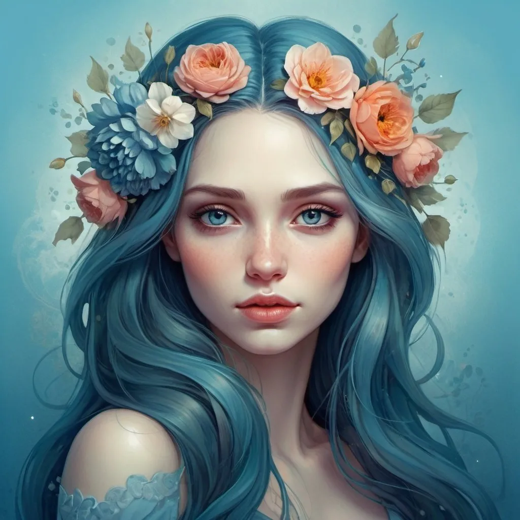 Prompt: a woman's head with long hair and flowers in the shape of a heart on a blue background, Anna Dittmann, fantasy art, highly detailed digital painting, digital art