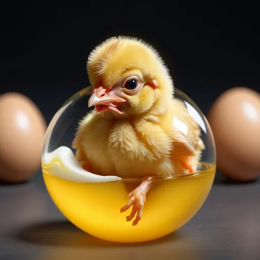 Prompt: a baby chicken in the center of egg yolk inspired resin cube. hyper realistic high definition 4k 8k 16k realism optimal imaging optimal definition.