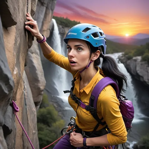 Prompt: A hyperrealistic 8K image of a beautiful woman whit long straight black hair and grey eyes, rock climbing, with well-defined and tense muscles, showing tension in her facial expression with gritted teeth as she climbs, equipped with safety gear, and making their way up a steep cliff. The climber should be wearing a purple helmet and harness, dressed in yellow and purple clothing, and holding onto a grey rocky surface. Include a red safety rope attached to the climber’s harness against a vibrant and dramatic sunset background to highlight the climber. Add tiny details like sweat on the climber's forehead, and show the strain in their neck and jaw muscles. Include silhouettes of distant mountains or trees with some birds flying near them, a small waterfall in the distance, and a few birds flying near the waterfall.