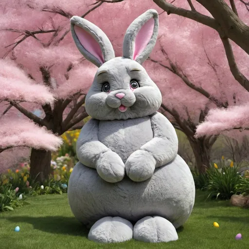 Prompt: large grey fluffy Easter bunny sits in contemplation, its soft plush fur enveloping it like a cozy cloud. Its pink nose twitches as it ponders the mysteries of springtime and the joy of hidden eggs. Perhaps it wonders about the children who will soon seek out those colorful treasures, their laughter echoing through sun-dappled gardens- bing