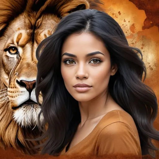 Prompt: Create a hypertealistic image of a beautiful  woman with flowing black hair superimposed against a lion background  in rust, gold and browns