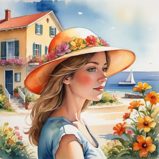 Prompt: Create an image of a woman wearing a  flowered hat enjoying a sunny day, the sun shining on her, vibrant and  colorful that reflects the essence of a quiet coastal town, with  elements of nature, architecture and individuals admiring the beauty  around them. Make sure to incorporate sunlight shining through the  landscape, various floral elements, and unique houses. naive arts. water  color art.