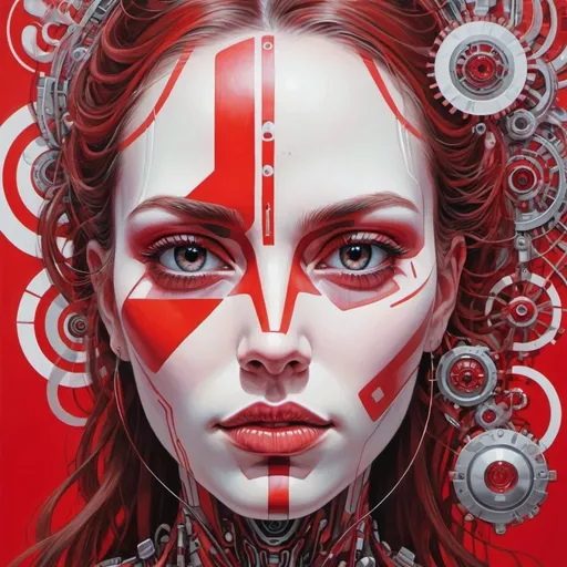 Prompt: a painting of a woman's face with red and white shapes on it, and a red and white background, Android Jones, psychedelic art, biomechanical, an ultrafine detailed painting