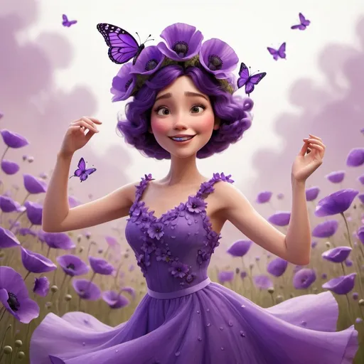 Prompt: an Pixar style of a lady in Purple dancing in a dress made of purple poppies with a purple poppy flower crown and purple butterflies