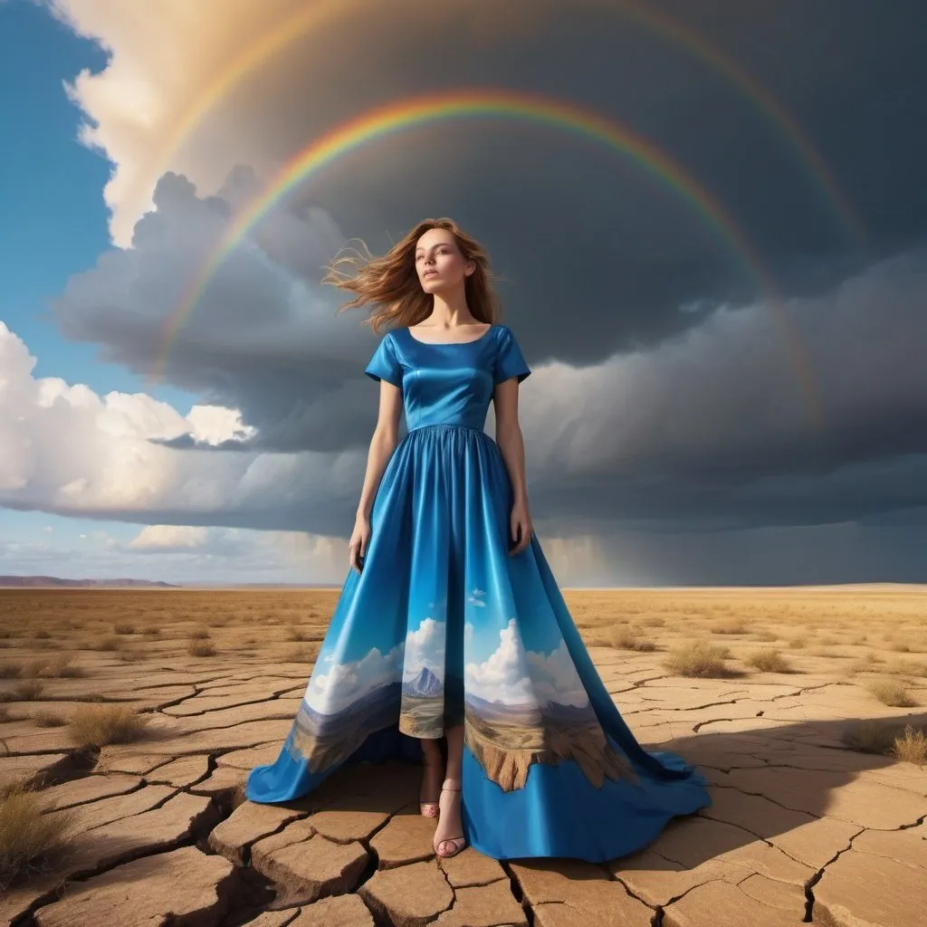 Prompt: create a hyper realistic image of a surreal landscape where a cracked, barren ground stretches beneath a colourful cloudy sky. Suspended in mid-air, a golden palace defies gravity. It is connected to the ground by an impossibly long, flowing glossy blue dress worn by a woman standing below. The dress billows around her, creating a striking visual contrast against the desolate surroundings. against a rainbow  ,ultra HD 64k hyperrealism studio lightning