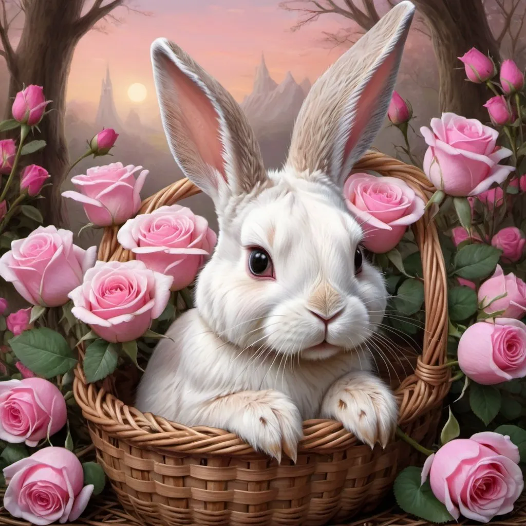 Prompt: a painting of a bunny sitting in a basket with flowers and eggs on it's side, with a pink rose and pink roses in the background, Anne Stokes, furry art, highly detailed digital art, computer graphics