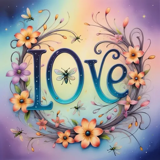 Prompt: Prompt:

Whimsical, airbrush oil ink. Against a pastel colors background, there are a few very colorful fireflies. In the center, there is a Infiniti image surrounded by colorful floral designs. The text “LOVE” in a beautiful celestial font is displayed upon the Infiniti image,
3D,HD.