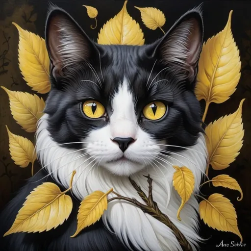 Prompt: a painting of a cat with a white face and yellow eyes and a black tail with a leaf on it, Anne Stokes, gothic art, symmetrical eyes, a photorealistic painting