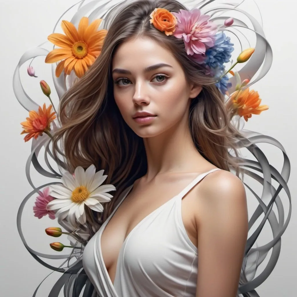 Prompt: Create a harmonious blend of abstract flowing lines of a beautiful young woman and realistic flowers, where the lines morph into the shapes of the women of flowers, illustrating a dance between abstraction and realism ultra HD 64k hyperrealism