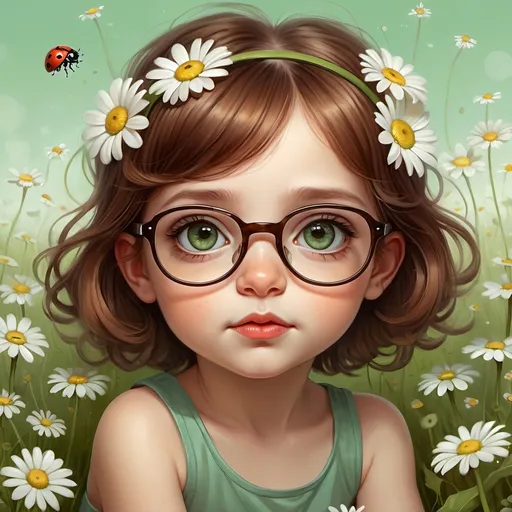 Prompt: Detailed digital painting of a cute little girl with brown hair and green eyes, wearing glasses, sitting in a field of daisies with a ladybug on her head, Anna Dittmann, pop surrealism, fine art painting, highly detailed, digital, cute, girl, brown hair, green eyes, glasses, ladybug, daisies, detailed, pop surrealism, fine art, painting