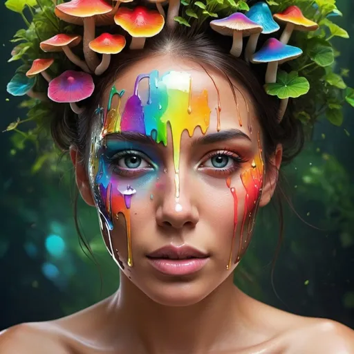 Prompt: Design a surreal portrait of a face where the skin appears metallic and reflective. Adorn the face with vibrant and colorful elements such as dripping rainbows, glowing mushrooms, and lush greenery. Strive for a harmonious blend of technology and nature.”