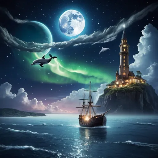 Prompt: above clouds, aurora, boat, city lights, cloud, cloudy sky, constellation, crescent moon, dolphin, earth \(planet\), fish, full moon, galaxy, horizon, island, lightning, milky way, moon, moonlight, night, night sky, no humans, ocean, planet, scenery, ship, shooting star, shore, sky, space, space craft, spacesuit, star \(sky\), star \(symbol\), starry sky, starry sky print, tower, water, watercraft, waves, whale