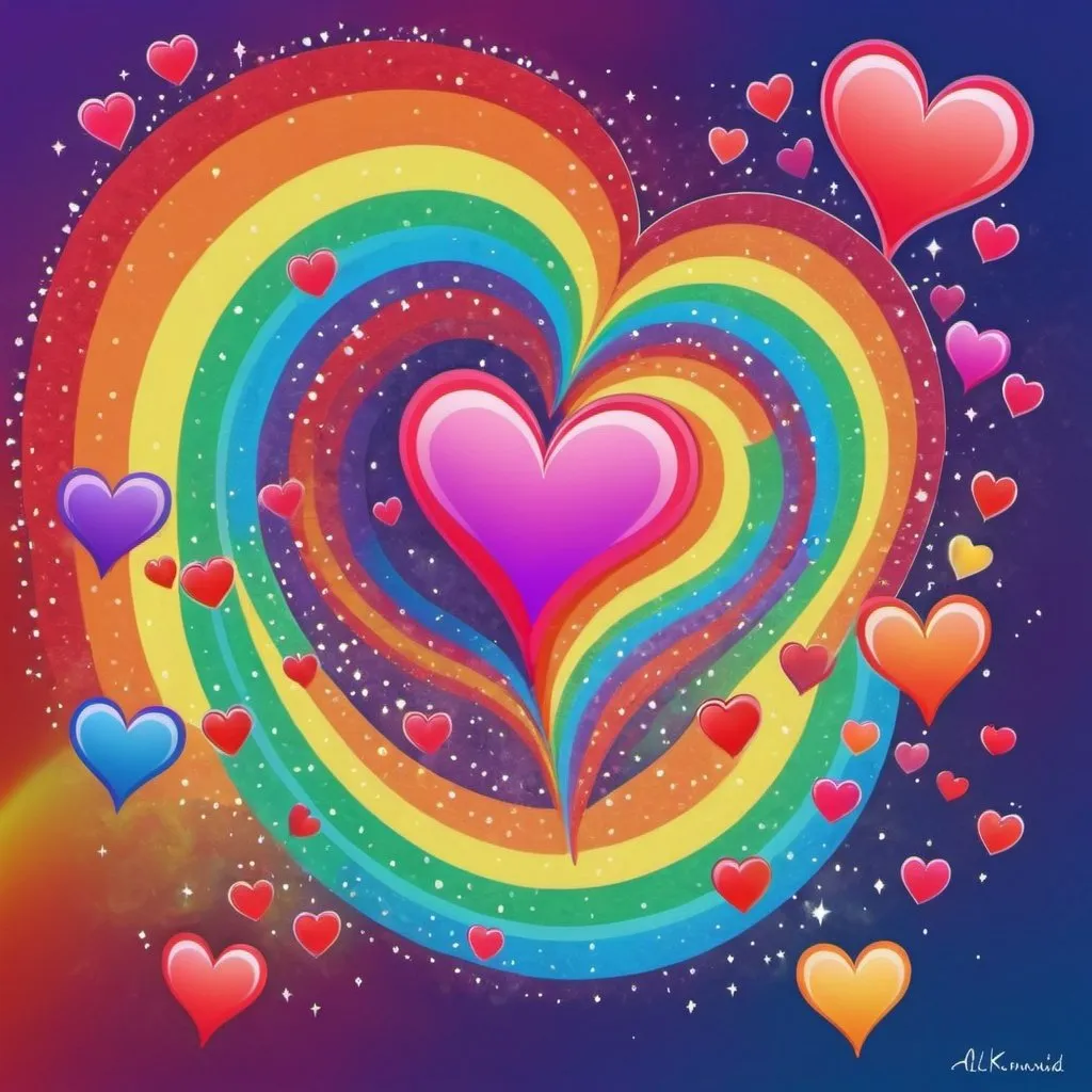 Prompt: a bunch of hearts floating in the air with rainbow lines and stars in the background, and a rainbow colored background, Alison Kinnaird, psychedelic art, love, digital art