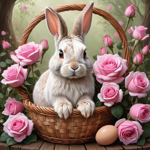 Prompt: a painting of a bunny sitting in a basket with flowers and eggs on it's side, with a pink rose and pink roses in the background, Anne Stokes, furry art, highly detailed digital art, computer graphics