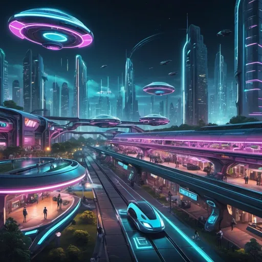 Prompt: Futuristic city with flying cars, a park, a night scene with neon lights, and a train station