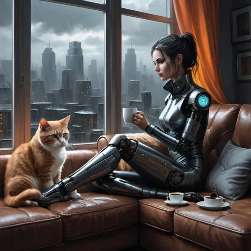 Prompt: a painting of a woman sitting on a couch with a cat and a cup of coffee in front of a window, Anne Stokes, computer art, highly detailed digital painting, cyberpunk art, it's a rainy day outside the window, the dog it's a robotic companion, the woman's clothing it's futuristic,the window view to a futuristic cityscape, with neon signs outside the window