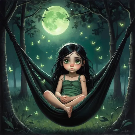 Prompt: a painting of a little girl sitting in a hammock with her big green eyes open, dreaming face and her long black hair tied on top of her head, gothic art, grunge, a fine art painting, Pixar style ,her expression to be serene and dreamy,moonlit night scene,glowing fireflies around the hammock