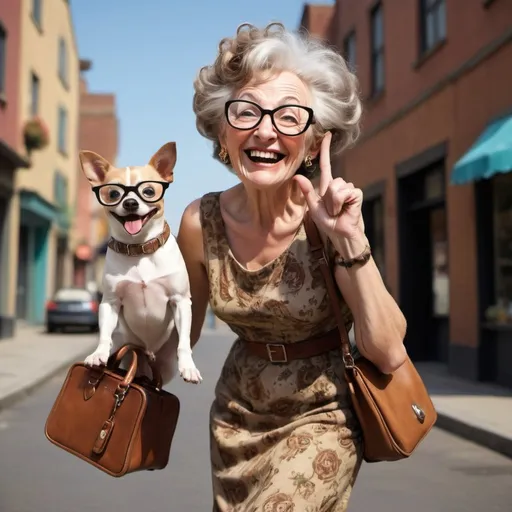 Prompt: Prompt 
whimsical an old and exuberant woman with exaggerated facial features, especially large diva glasses and a wide smile. Her hair should be styled chic upwards and dyed in shades of brown and blond. She wears a quirky dress and a handbag and walks with her bizarre friend with square glasses dressed long rugged build with doggie in hand and purse, around the city in a playful dabbing poses