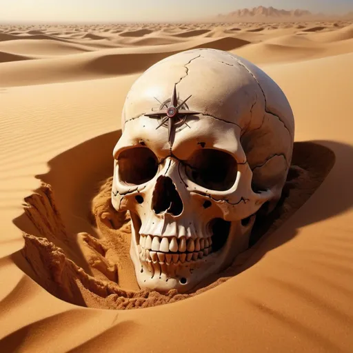 Prompt: imagine the desert sand forming an extraordinarily large screaming skull, hyper detailed with intricate and complex shapes, UHD, ultra realism, digital airbrush art, masterpiece, 32k,the color of the sand to crimson red,the shape of the eye sockets to resemble flames,a sandstorm swirling around the skull, explorers walk around the skull, the explorers look like they're searching for treasure, one of the explorers hold a map or compass, one of the explorers' expressions to be more determined, the other explorers look worried or fearful, the sandstorm to be more intense. Add a few ancient relics buried in the sand. one of the relics glow mysteriously. Add a partially buried statue with missing limbs.the explorers' footprints to be visible in the sand. Add a few scorpions crawling near the footprints.