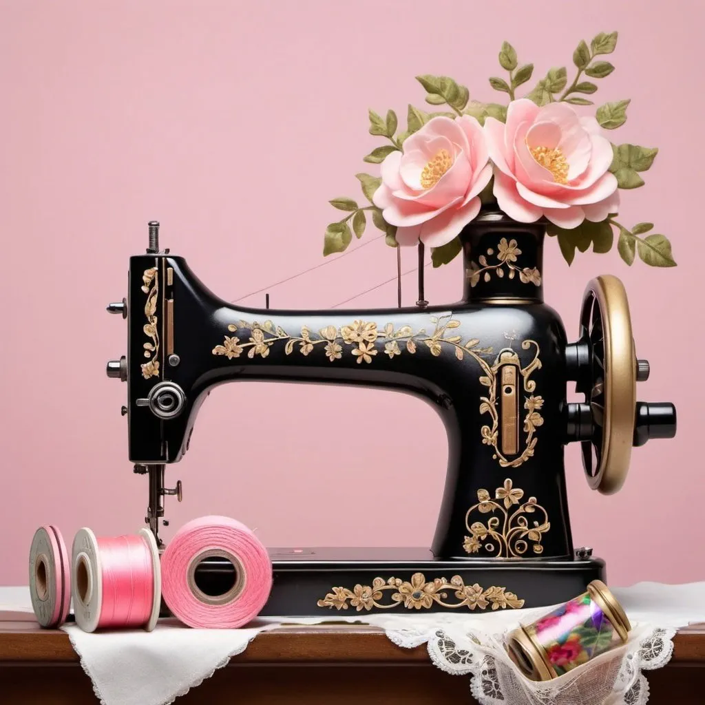 Prompt: Prompt:
Create a 3d image contains a vintage sewing machine with black and gold accents. The machine is decorated with flowers and vines, and a spool of thread is on the needle. The machine is sitting on a table with two pairs of scissors and a tape measure on the table. The background is a pink gradient, and the image has a soft, romantic feel to it and the name ERIKA , spelling correctly over the sewing machine and with some lace details to the sewing machine.