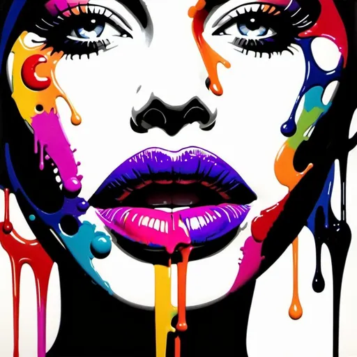 Prompt: Create an image of vibrant, colorful lips, stylized with musical elements. The lips are slightly parted in the center, revealing a hint of teeth. The style is a blend of realism and surrealism, with the lips highly detailed and shaded to convey volume and texture. Both the upper and lower lips have a high gloss, suggesting moisture. The colors of the lips transition smoothly from purple to pink to orange, emulating the look of a colorful gradient. Musical notes and symbols such as treble clefs and eighth notes are intricately intertwined with the lips' lines, some in solid black and others filled with the gradient colors.

The background is stark white but erupts into a myriad of bold, electric colors around the lips, featuring splashes and drips of paint that give the piece a dynamic, street-art feel. These vibrant splatters are in red, blue, green, yellow, and pink, with black accents that enhance their intensity. The lower part of the image has more significant paint drips, elongating towards the bottom.

The artwork emanates energy and rhythm, seemingly translating the music into visual form. The composition is centrally focused on the lips, with the background abstract elements radiating outward, creating a sense of movement. An artist could recreate this by starting with a detailed drawing of realistic lips, then infusing them with the outlined musical symbols, and finally adding the vividly colored paint splatters and drips to complete the composition.