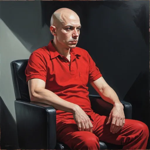 Prompt: a bald man in a red shirt sitting in a black chair with his head turned to the side and his eyes wide open, Dmitry Levitzky, precisionism, zabrocki, a character portrait