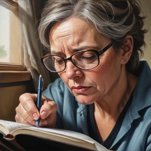 Prompt: Photorealistic Close-up View of a Middle-aged Woman With Glasses. She's Writing in a Journal, a Tear Rolling Down Her Cheek. A Photograph Tucked Inside the Journal Shows Her Husband, Who Appears Ill.glossy Oil Painting