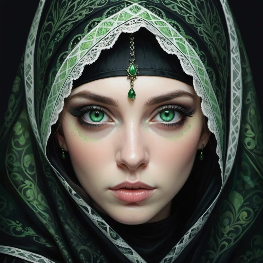 Prompt: a woman with green eyes and a thick black veil on her head, diagonally across half of her face and a black background with a white and green pattern, Anna Dittmann, gothic art, highly detailed digital painting, a photorealistic painting