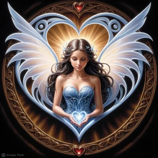 Prompt: a heart shaped with a fairy on it's wings and swirls of light in the middle of it, Anne Stokes, fantasy art, fantasy artwork, an airbrush painting