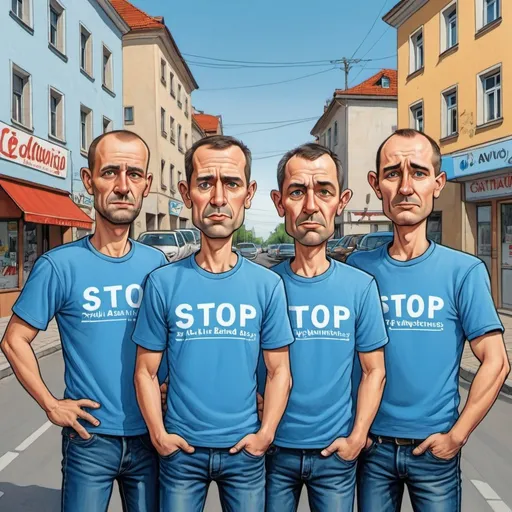 Prompt: Whimsical caricature art of three men with very short hair in blue shirts.The t-shirts have the inscription "STOP BAND".All three standing in front of a street with cars and buildings in the background. Avgust Černigoj, les automatistes, zabrocki,HDR,300DPI